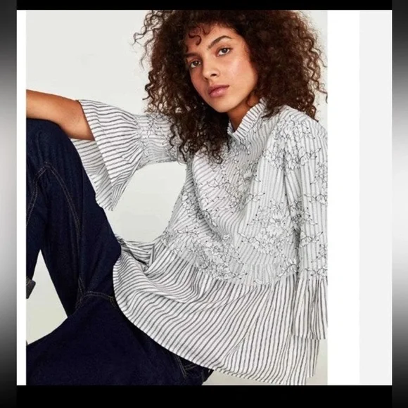 Zara Woman Striped Lace Floral Sheer Layer Size medium blouse top black white - Picture 2 of 8